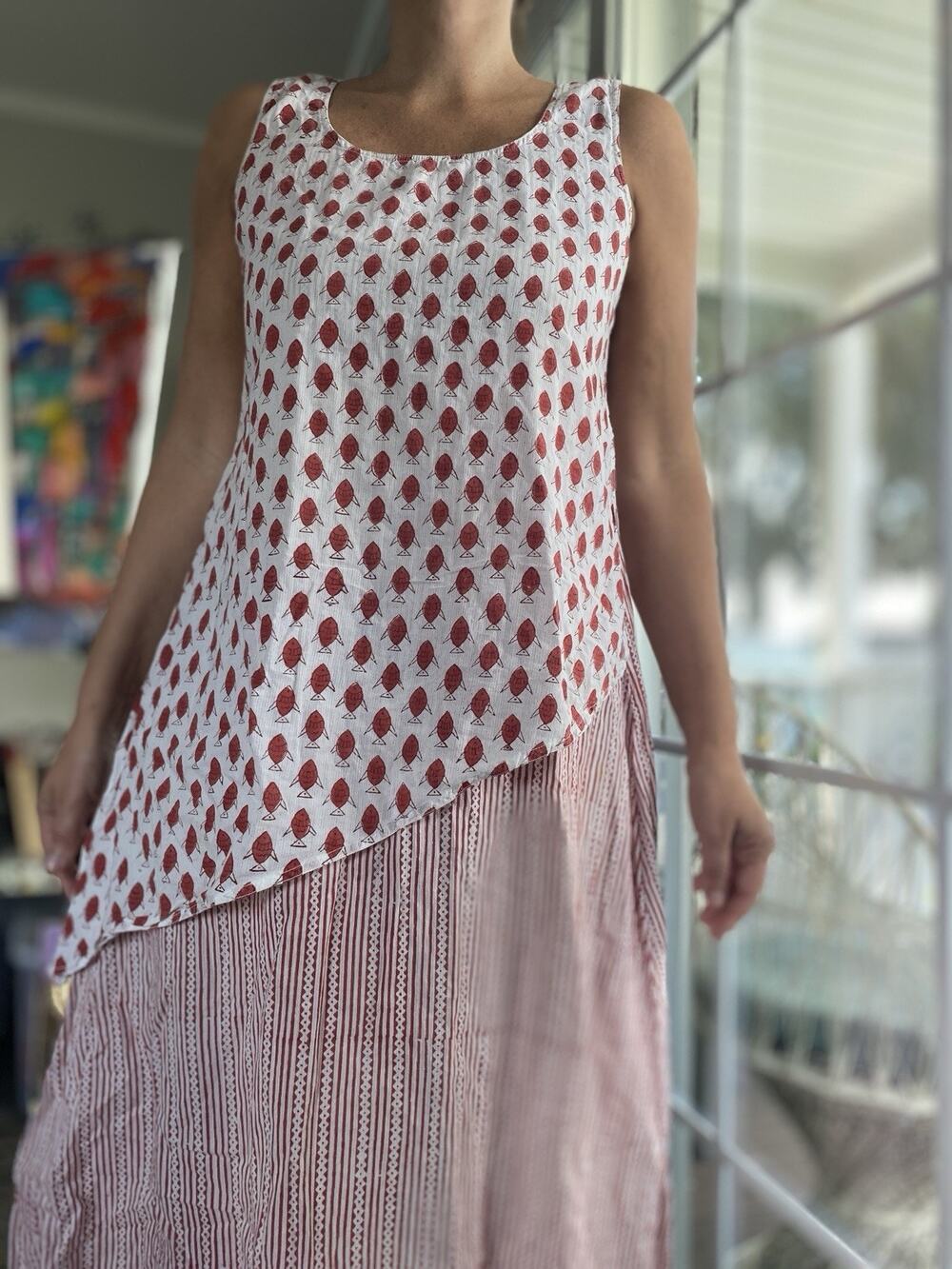 Anthropologie Women’s Red Fish Print Midi Dress Boho Coastal Size S